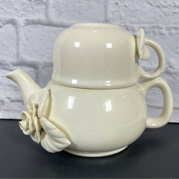 Stacked Ceramic Pottery Teapot Cup Set Paper Windows USA Floral Rose Cream VTG - Picture 2 of 16